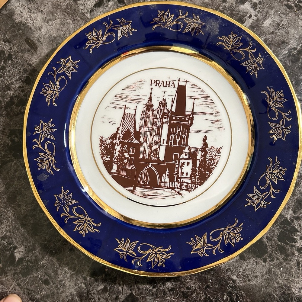 Vintage Praha Prague Souvenir Decorative Plate – Cobalt Blue & Gold